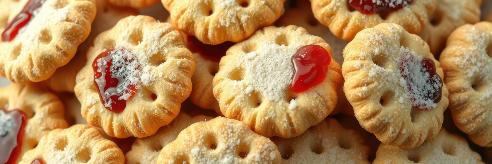 Baked cookies with jam filling and powdered sugar dusting on display for a festive occasion